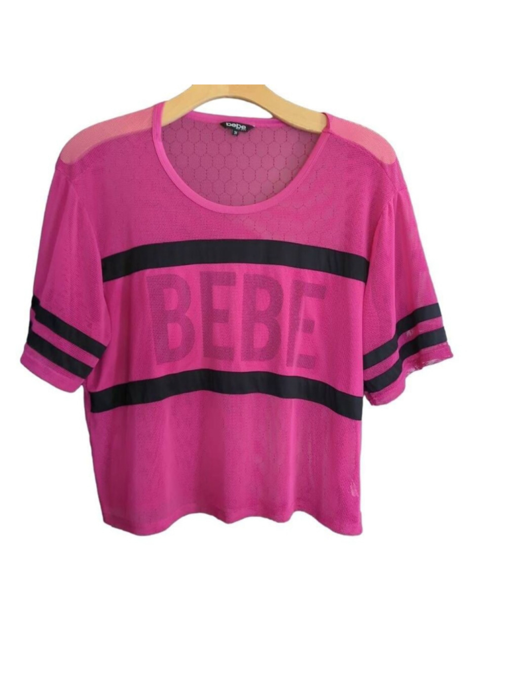 Bebe Sport 3X Sporty Fishnet Tee Shirt Black Pink Logo